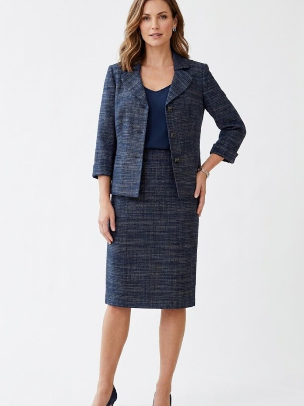 Tahari New Black Sapphire Blue Two Piece Crosshatch Tweed Skirt Suit $280 16W
